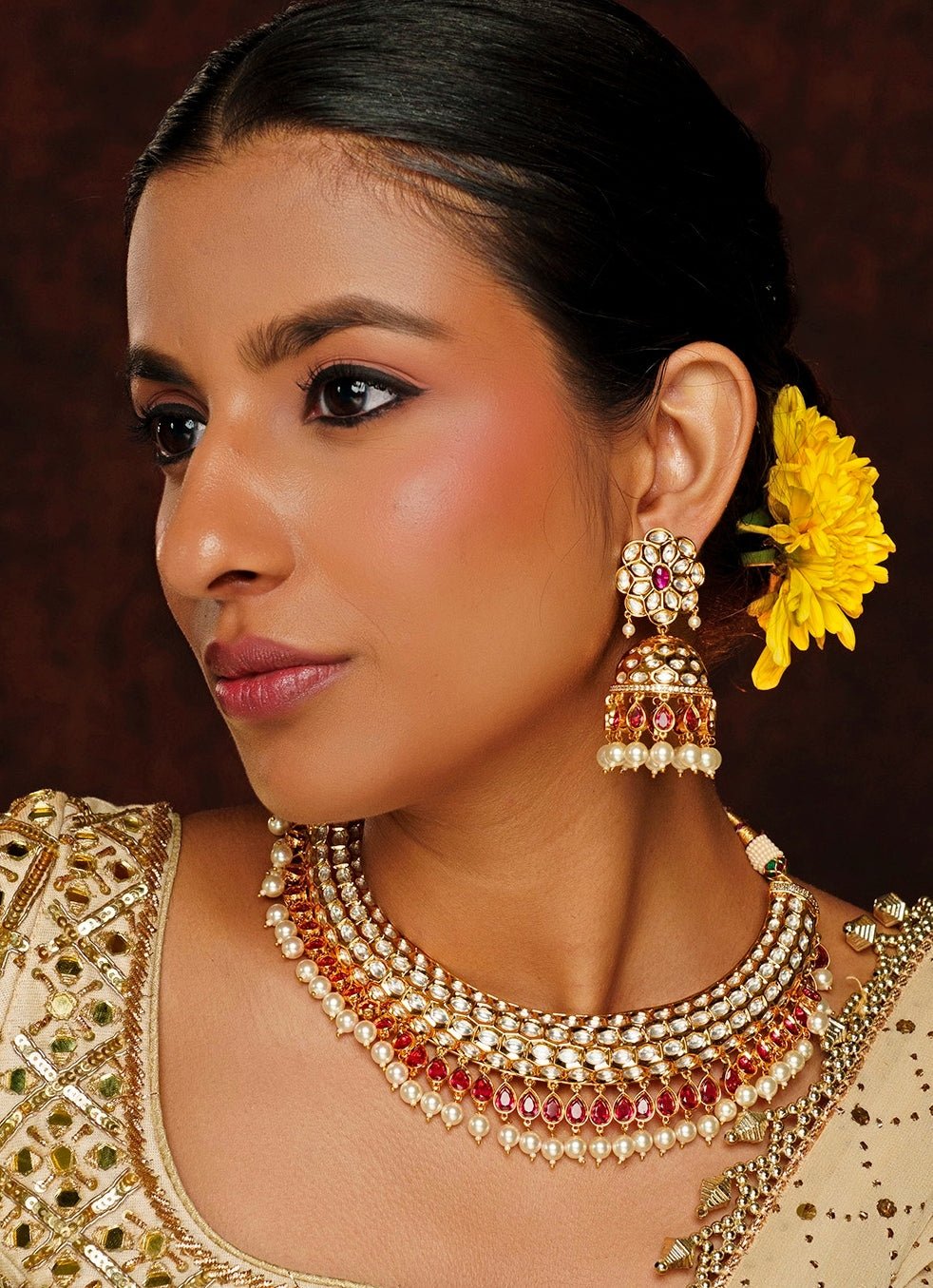 Gold Finish Kundan And Red Stone Necklace Set Zevar By Geeta - Fabilicious Fashion