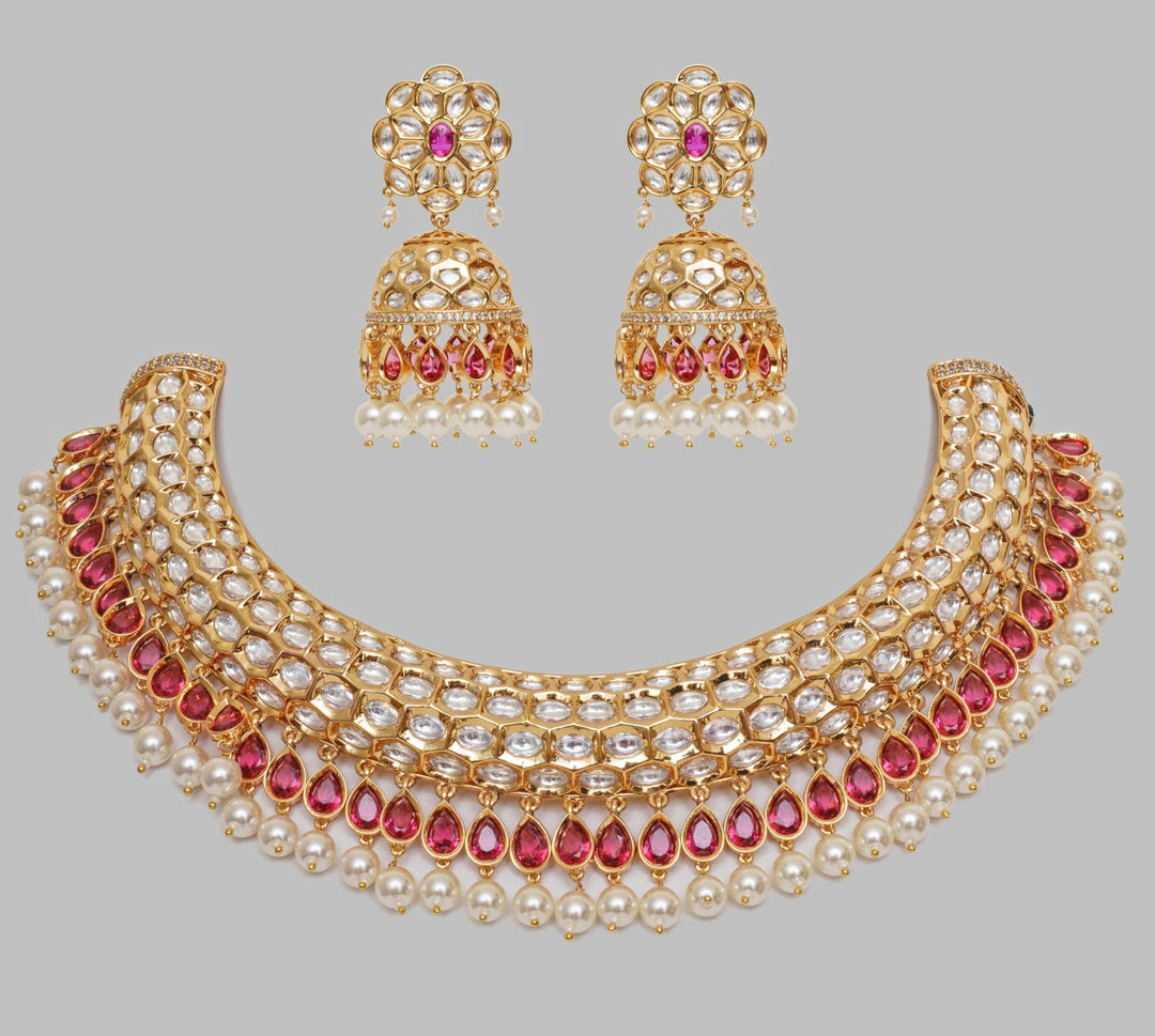Gold Finish Kundan And Red Stone Necklace Set Zevar By Geeta - Fabilicious Fashion