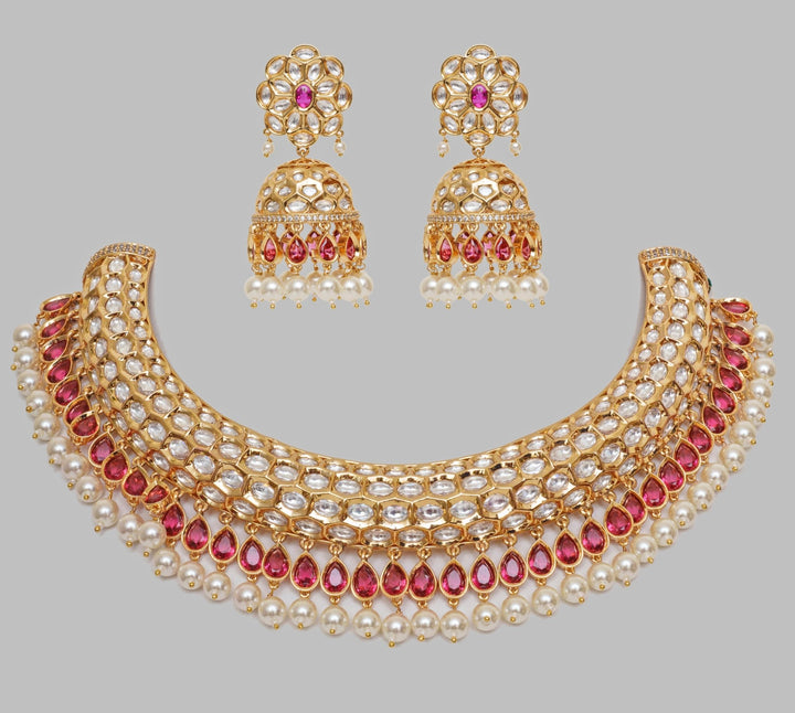 Gold Finish Kundan And Red Stone Necklace Set Zevar By Geeta - Fabilicious Fashion