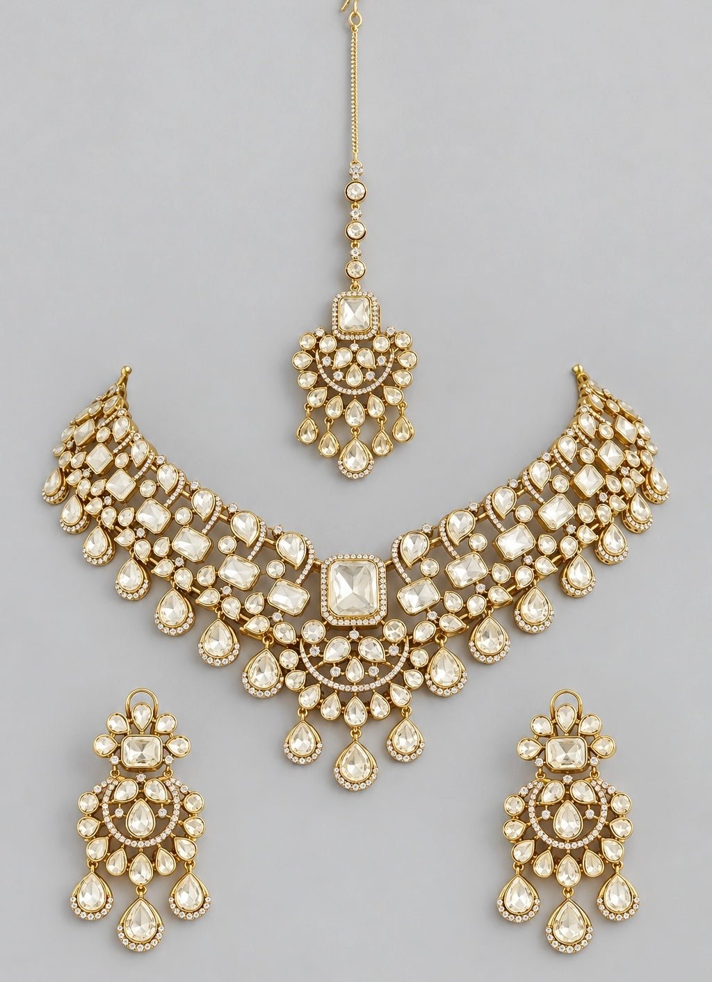 Zevar by Geeta Gold Finish Kundan Bridal Necklace Set With Pearl DropsFabilicious Fashion