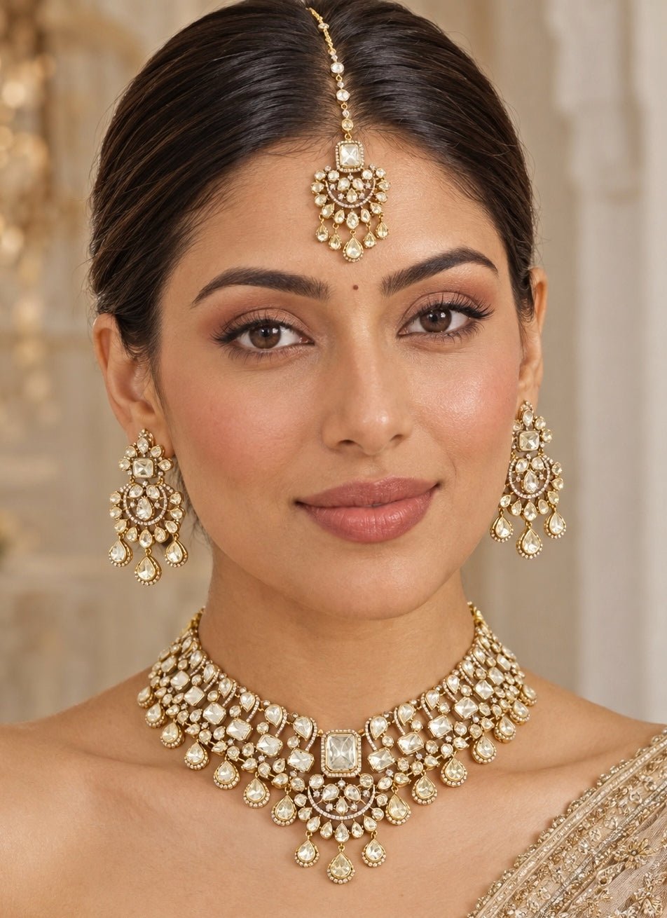 Zevar by Geeta Gold Finish Kundan Bridal Necklace Set With Pearl DropsFabilicious Fashion