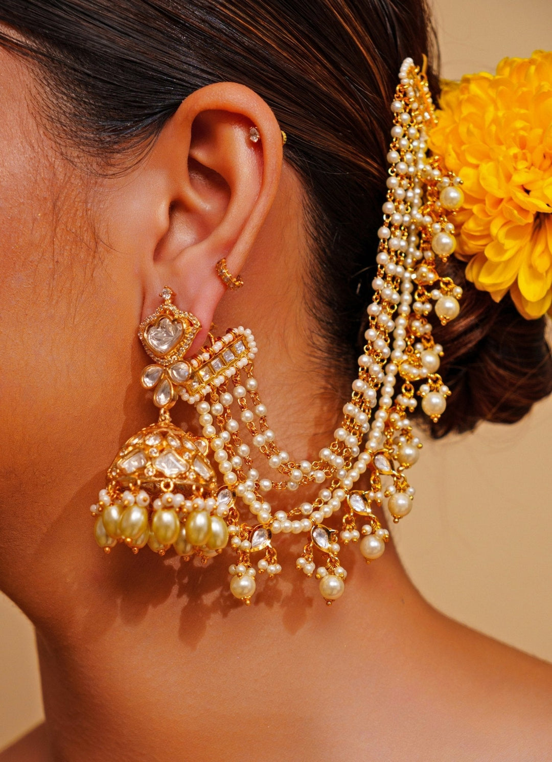 Gold Finish Kundan Earchains With Pearl Drops Zevar by Geeta - Fabilicious Fashion