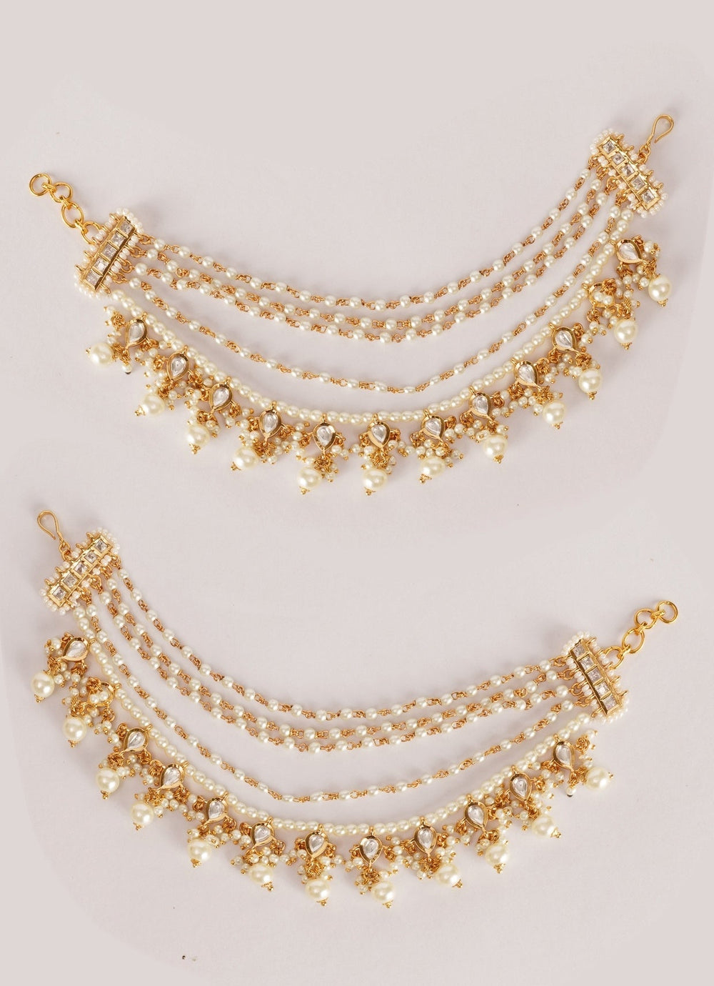 Gold Finish Kundan Earchains With Pearl Drops Zevar by Geeta - Fabilicious Fashion