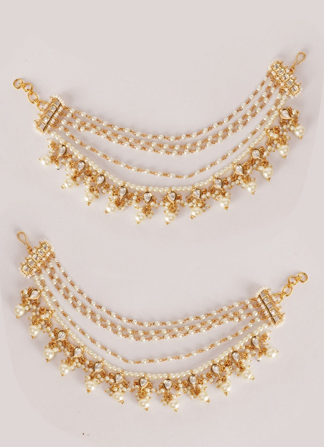 Gold Finish Kundan Earchains With Pearl Drops Zevar by Geeta - Fabilicious Fashion