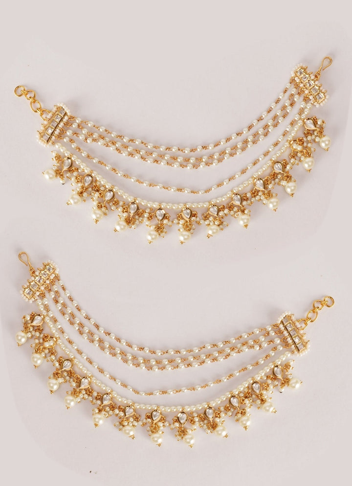 Gold Finish Kundan Earchains With Pearl Drops Zevar by Geeta - Fabilicious Fashion