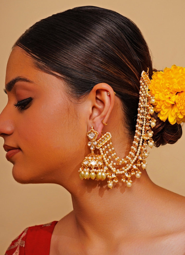 Gold Finish Kundan Earchains With Pearl Drops Zevar by Geeta - Fabilicious Fashion