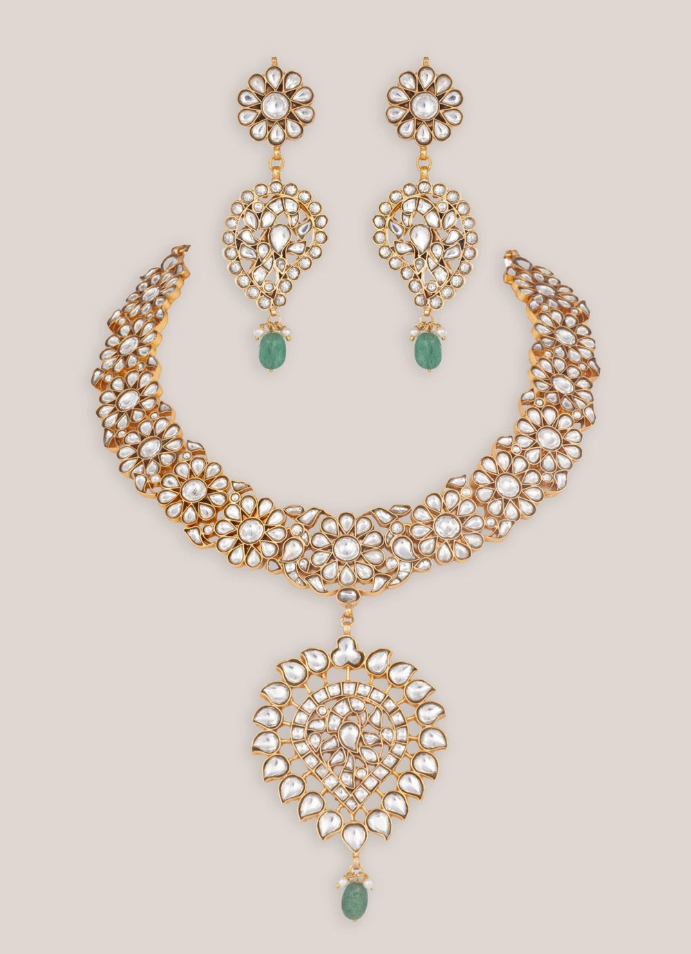 Gold Finish Kundan Necklace Set With Green Pearl Drops Zevar by Geeta - Fabilicious Fashion