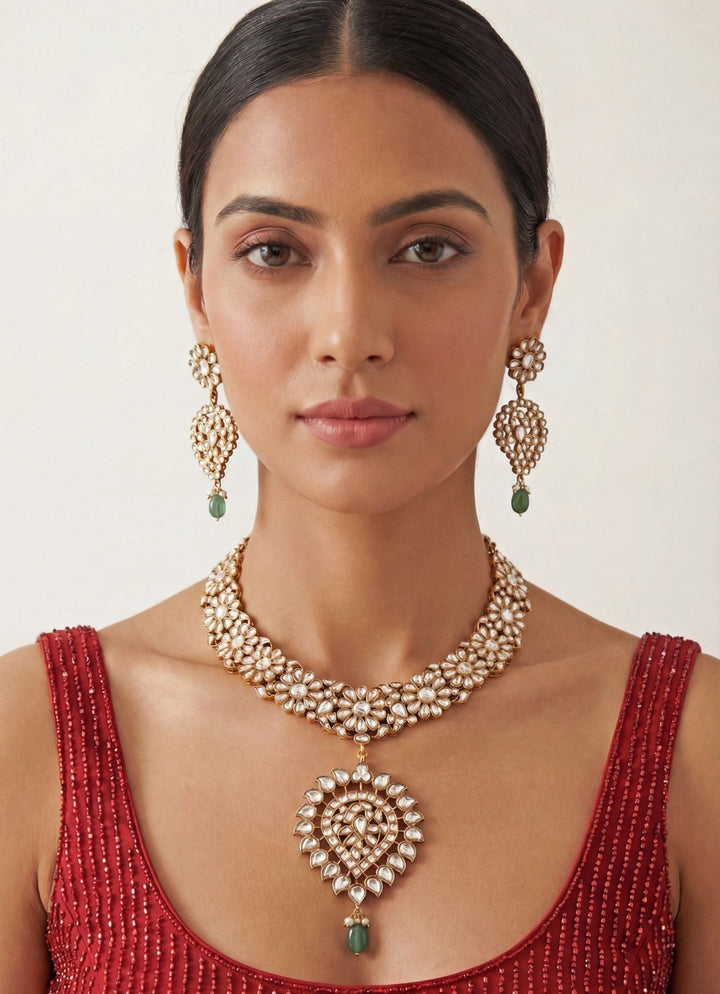 Gold Finish Kundan Necklace Set With Green Pearl Drops Zevar by Geeta - Fabilicious Fashion