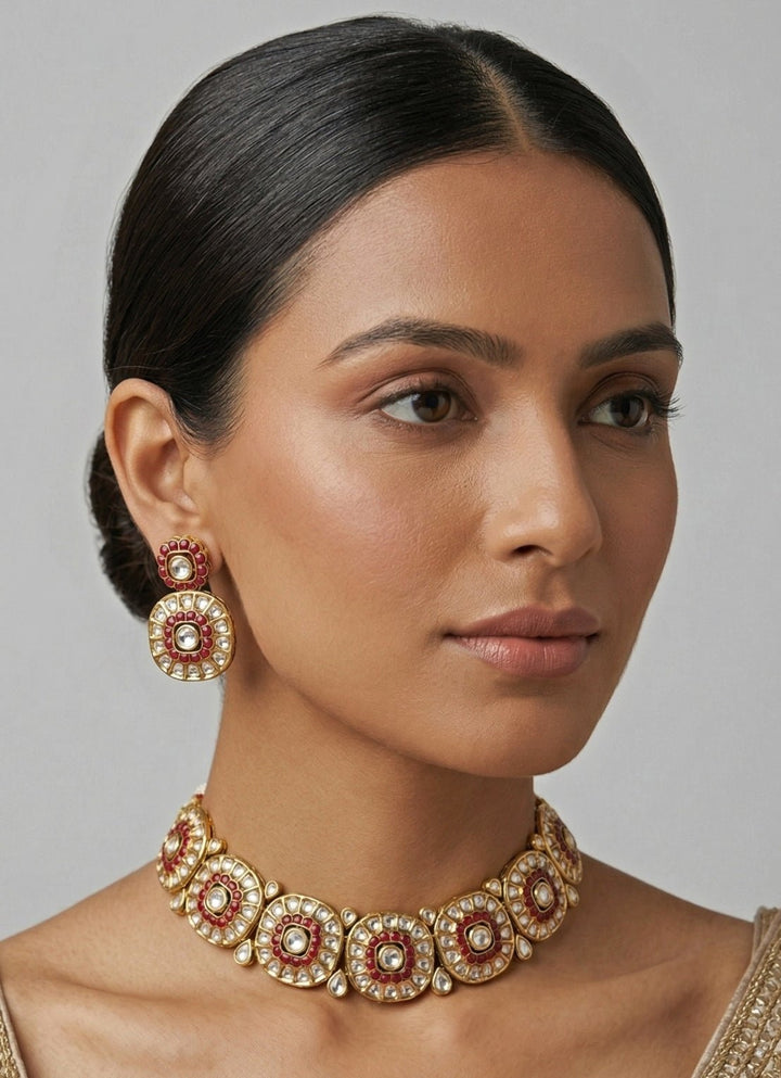 Gold Finish Kundan Necklace Set With Pink Stones Zevar by Geeta - Fabilicious Fashion