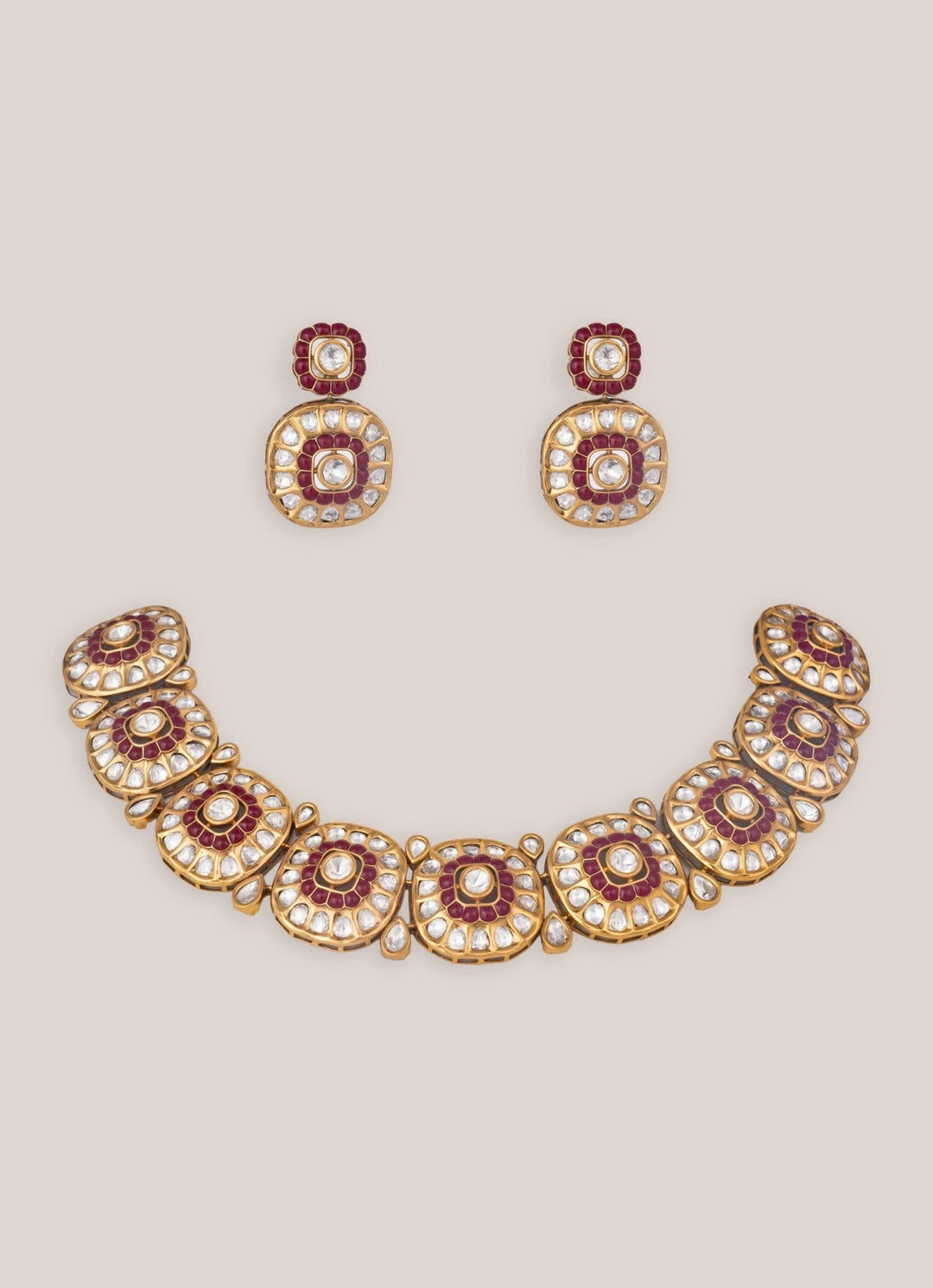 Gold Finish Kundan Necklace Set With Pink Stones Zevar by Geeta - Fabilicious Fashion