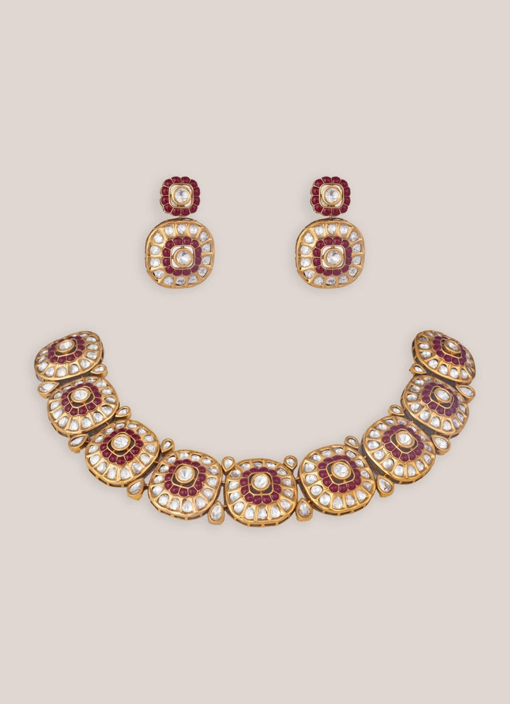 Gold Finish Kundan Necklace Set With Pink Stones Zevar by Geeta - Fabilicious Fashion