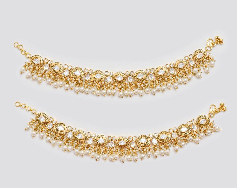 Gold Finish Kundan Polki And Pearl Anklets Zevar By Geeta - Fabilicious Fashion