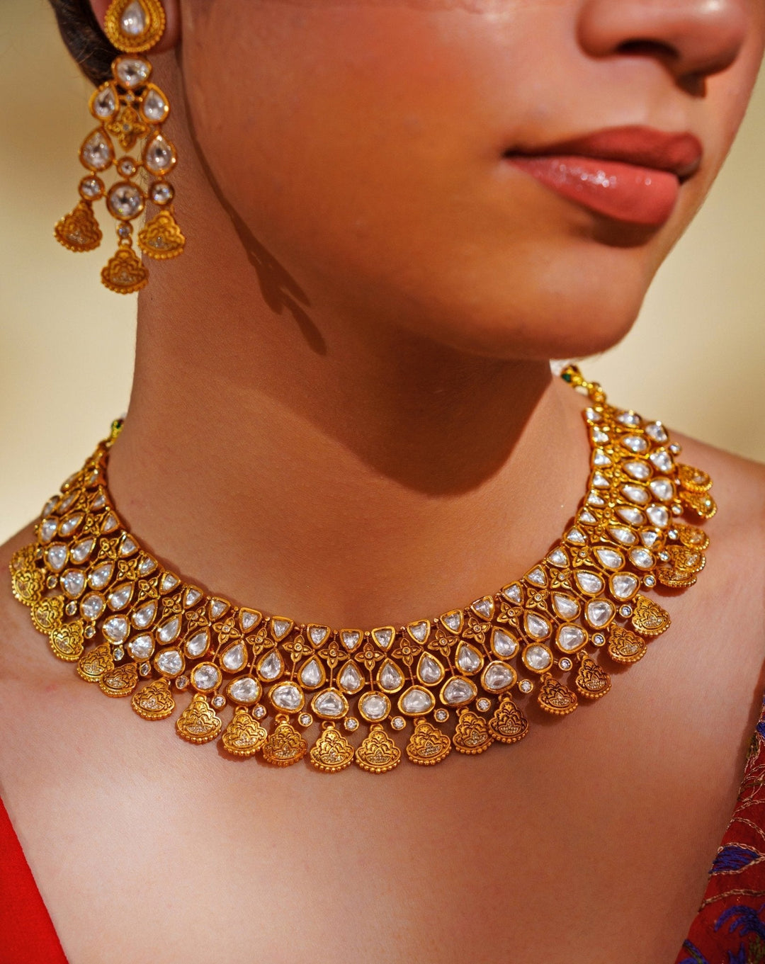 Gold Finish Kundan Polki Choker Necklace Set Zevar by Geeta - Fabilicious Fashion