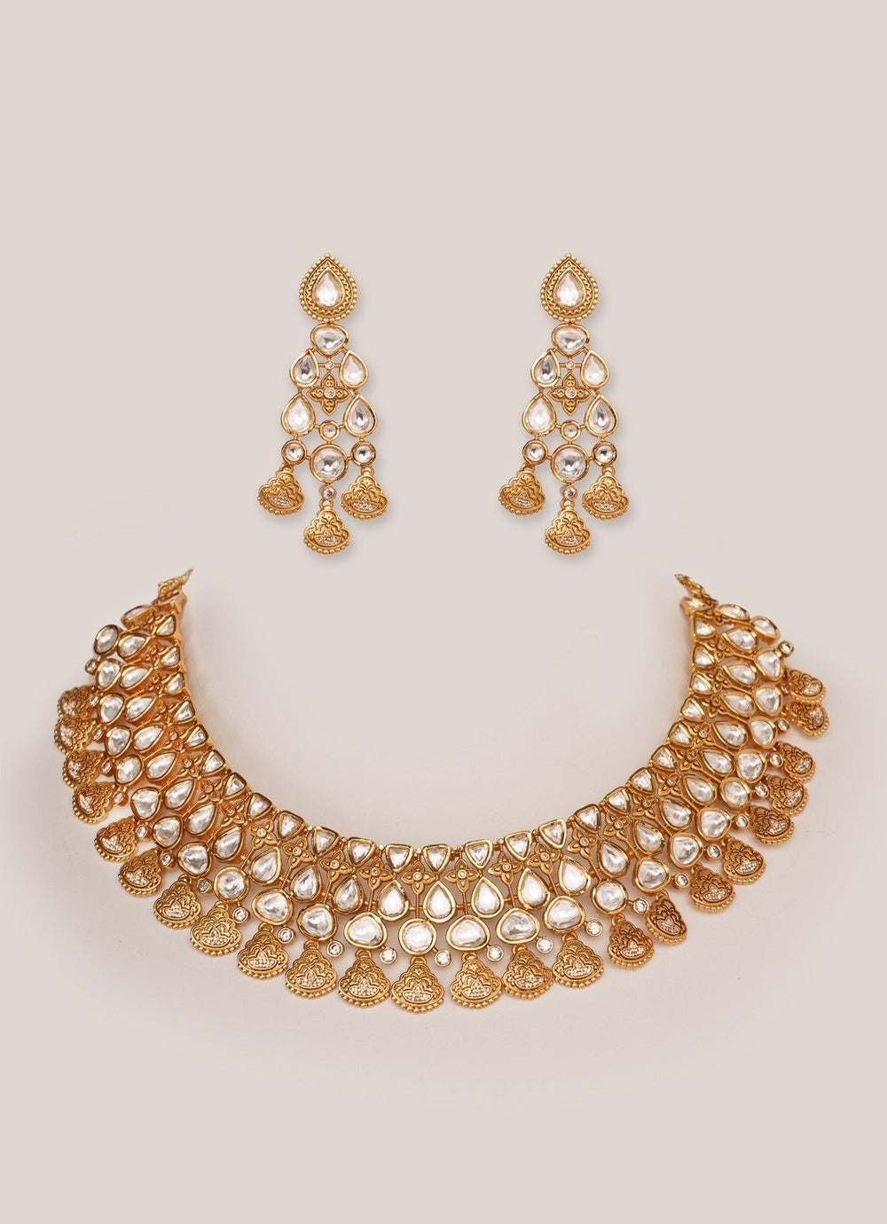 Gold Finish Kundan Polki Choker Necklace Set Zevar by Geeta - Fabilicious Fashion