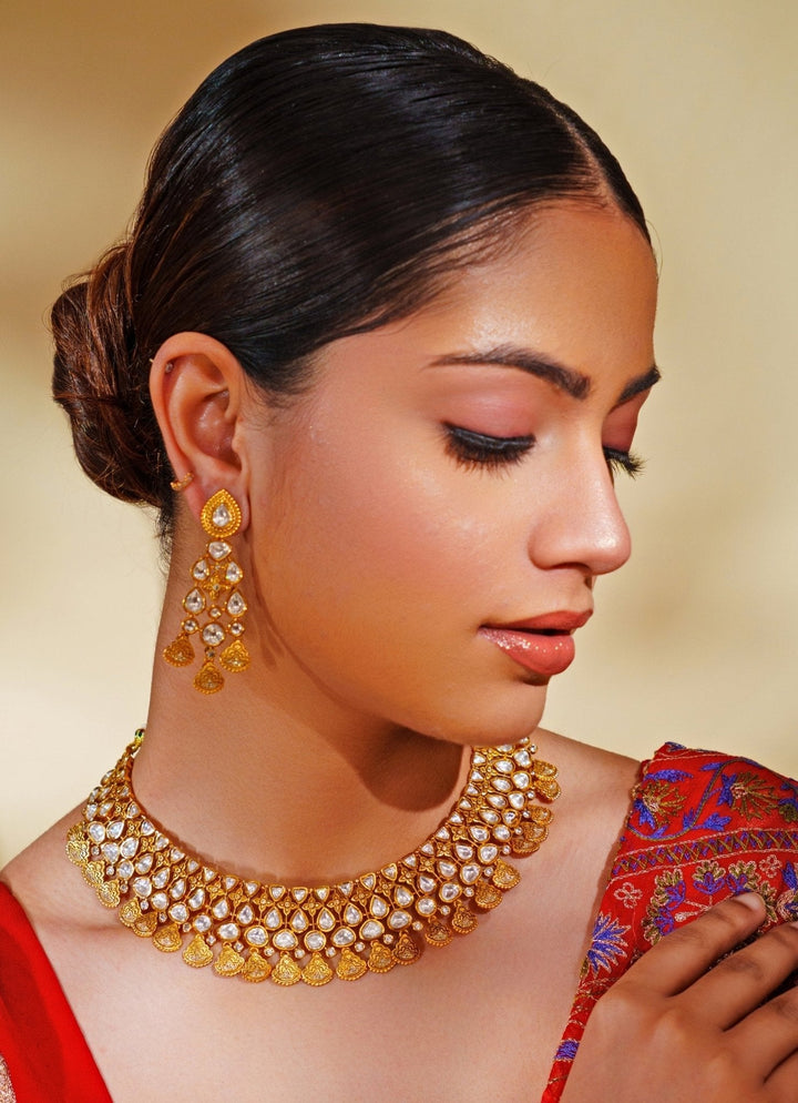 Gold Finish Kundan Polki Choker Necklace Set Zevar by Geeta - Fabilicious Fashion