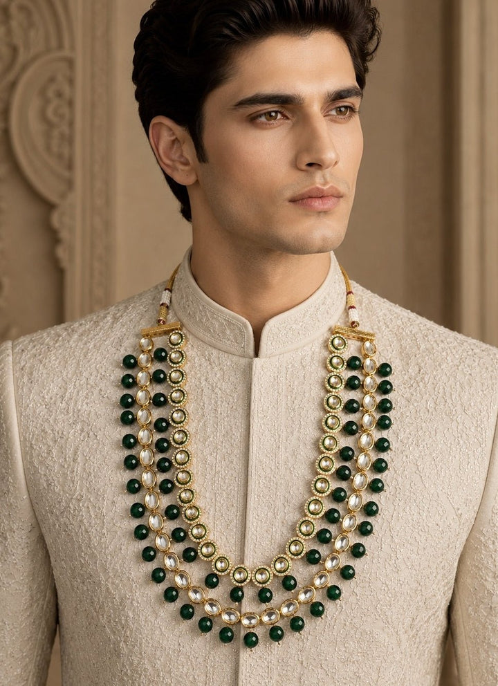 Vivinia By Vidhi Mehra Gold Finish Kundan Polki &amp; Green Beaded Layered MalaFabilicious Fashion
