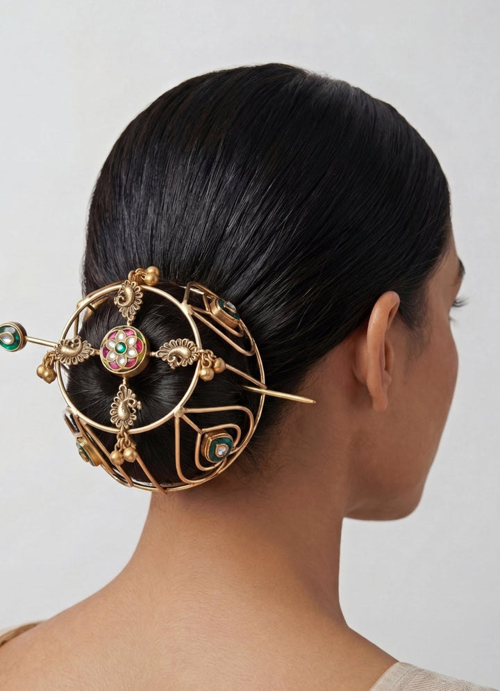 Zevar by Geeta Gold Finish Kundan Polki Hair Bun CageFabilicious Fashion