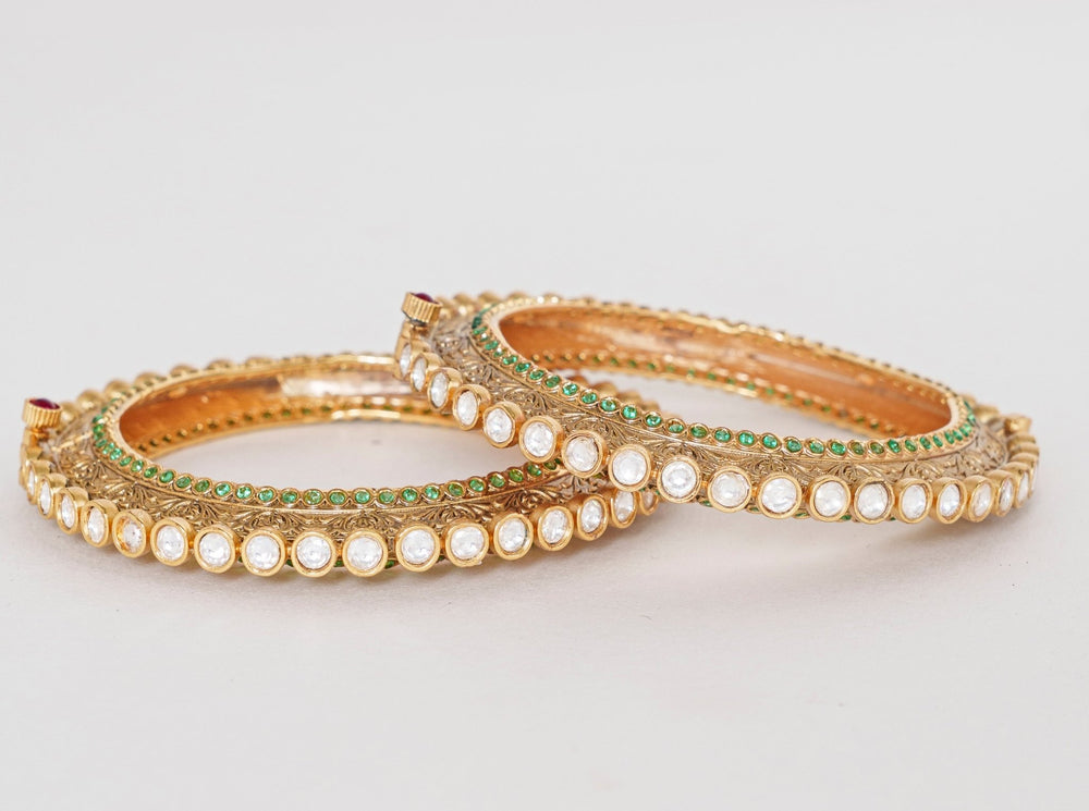 Gold Finish Kundan Polki Kadas With Green Stones Zevar By Geeta - Fabilicious Fashion
