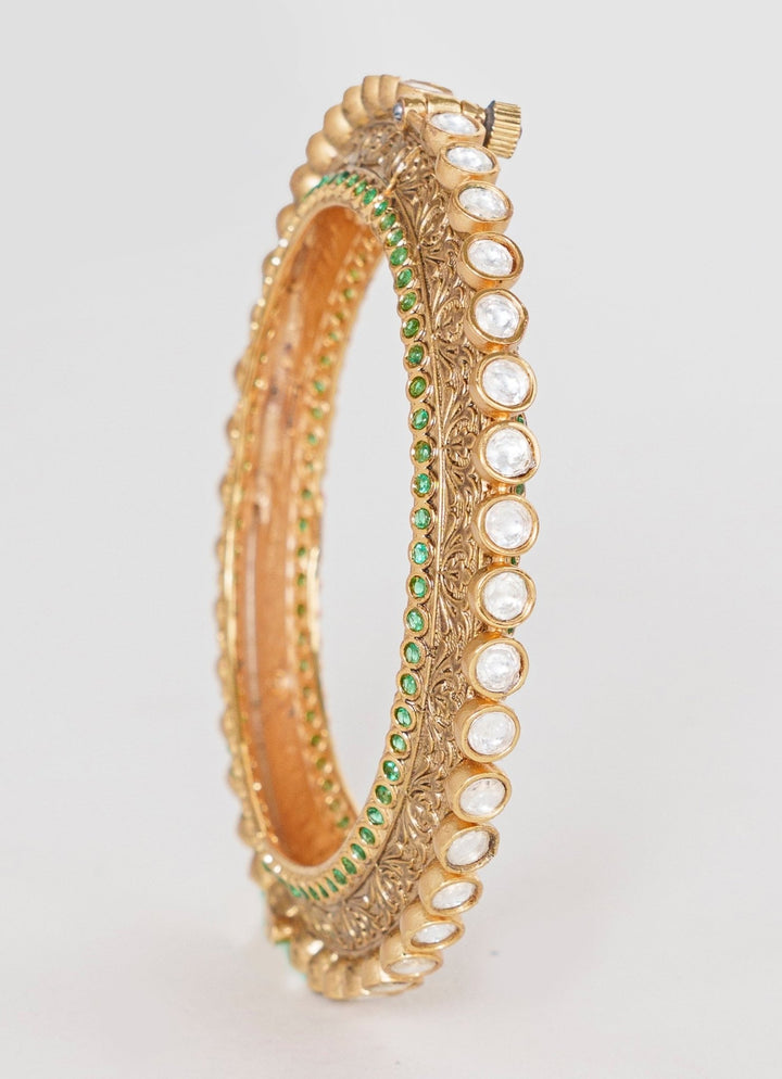 Gold Finish Kundan Polki Kadas With Green Stones Zevar By Geeta - Fabilicious Fashion
