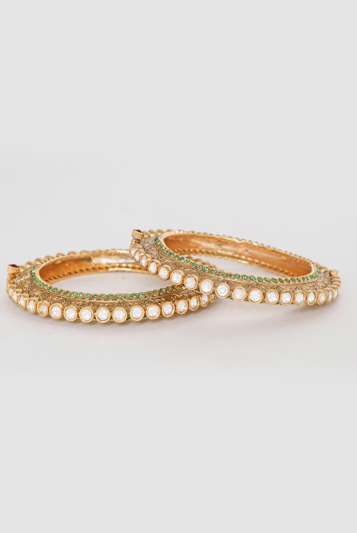 Gold Finish Kundan Polki Kadas With Green Stones Zevar By Geeta - Fabilicious Fashion