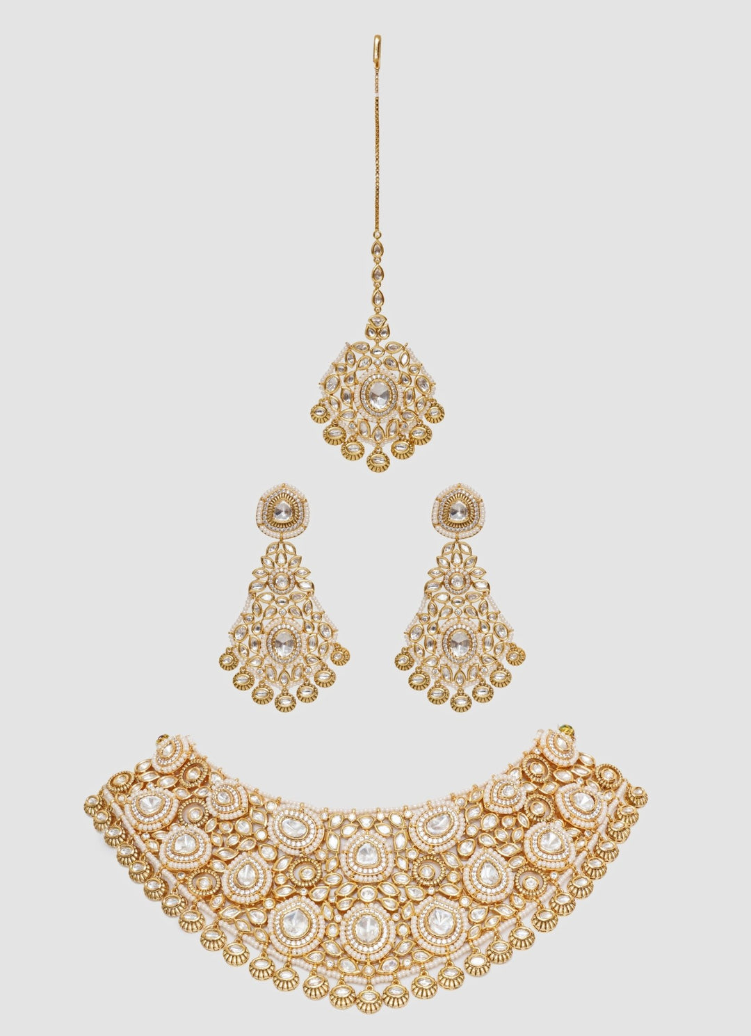 Gold Finish Kundan Polki Necklace Set With Maang Tikka Zevar By Geeta - Fabilicious Fashion