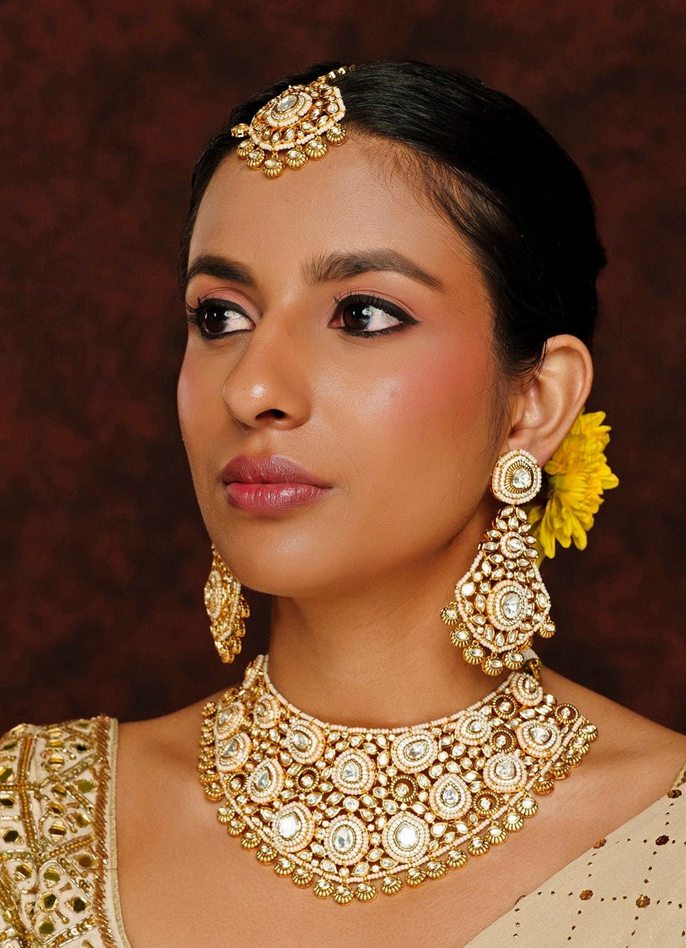 Gold Finish Kundan Polki Necklace Set With Maang Tikka Zevar By Geeta - Fabilicious Fashion