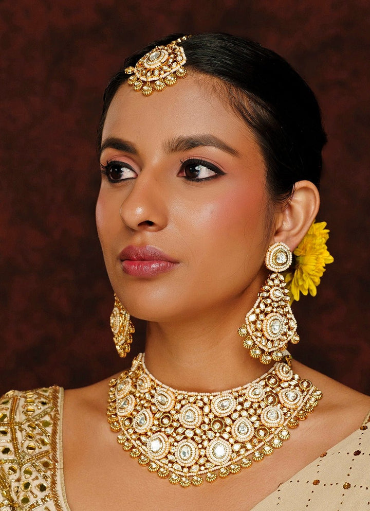 Gold Finish Kundan Polki Necklace Set With Maang Tikka Zevar By Geeta - Fabilicious Fashion