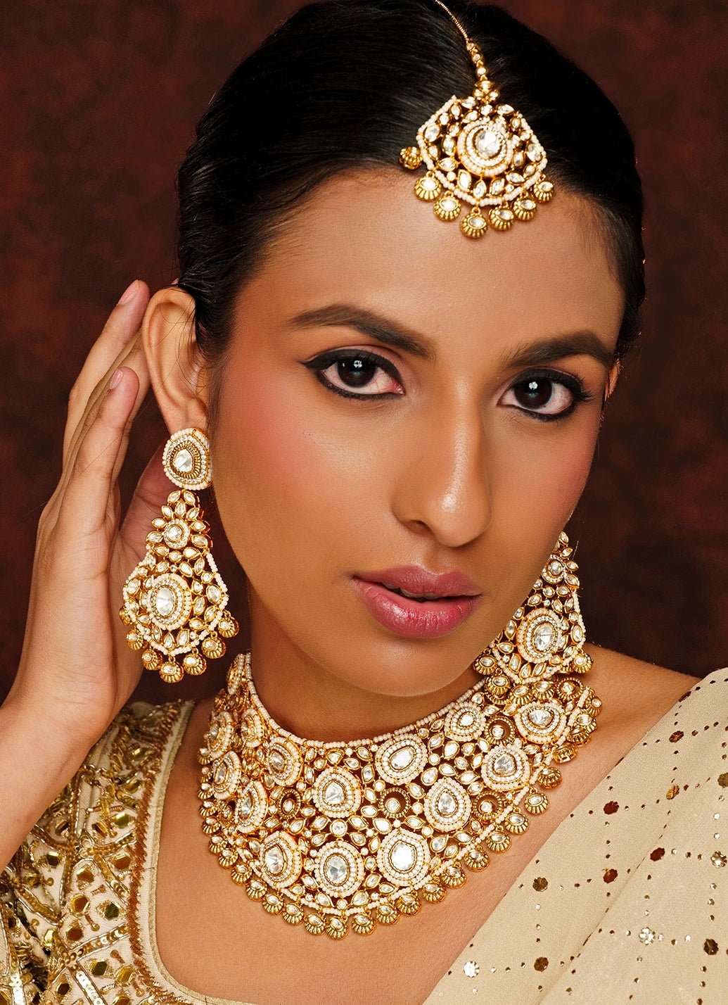 Gold Finish Kundan Polki Necklace Set With Maang Tikka Zevar By Geeta - Fabilicious Fashion
