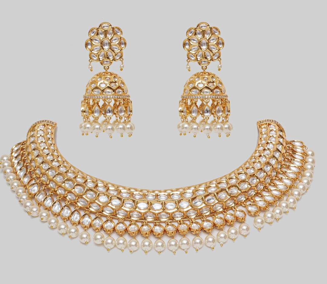 Gold Finish Kundan Polki Necklace Set Zevar By Geeta - Fabilicious Fashion