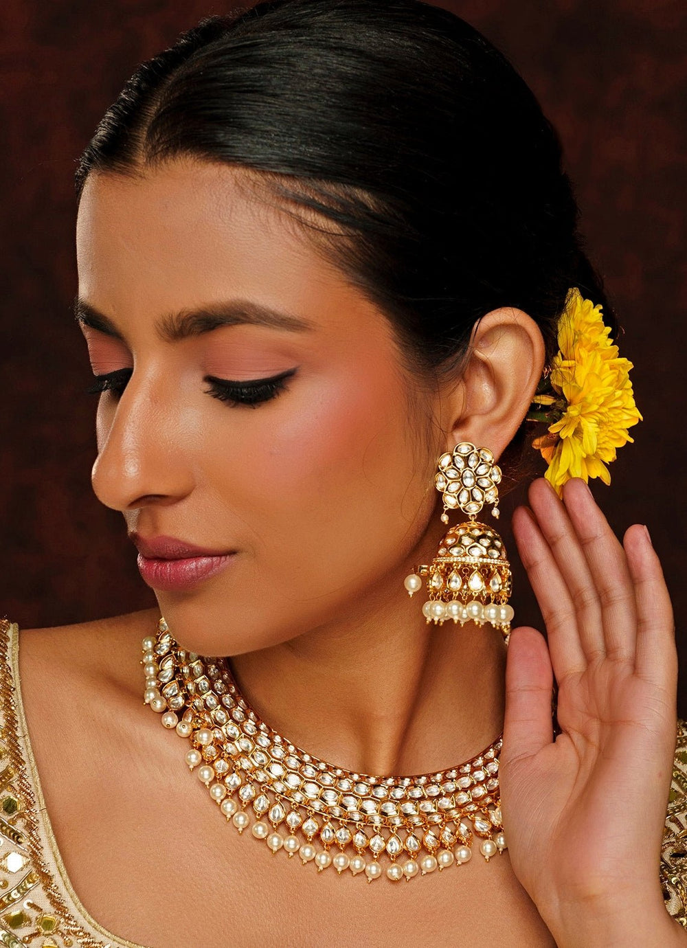 Gold Finish Kundan Polki Necklace Set Zevar By Geeta - Fabilicious Fashion