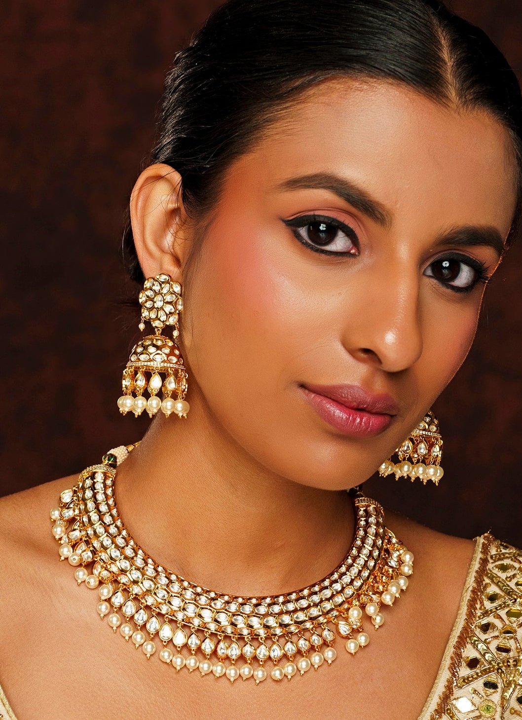 Gold Finish Kundan Polki Necklace Set Zevar By Geeta - Fabilicious Fashion