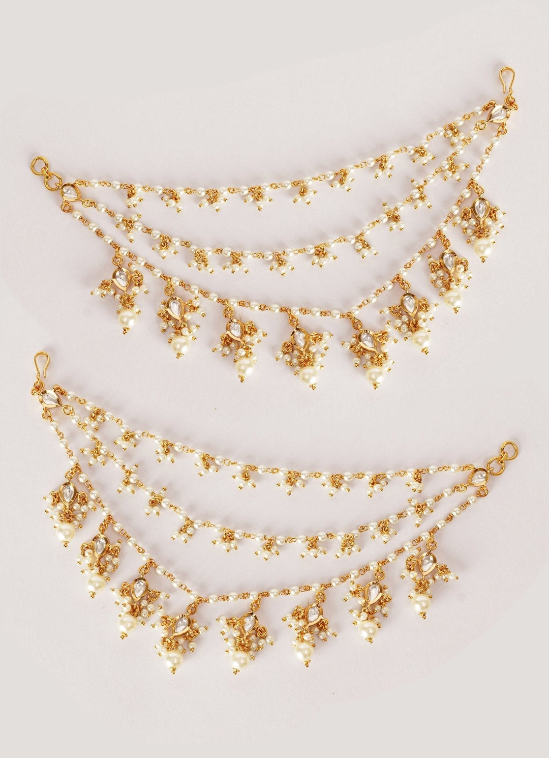 Gold Finish Kundan Stone Layered Ear Chains With Pearl Drops Zevar by Geeta - Fabilicious Fashion