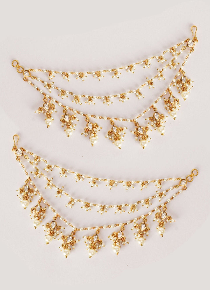 Gold Finish Kundan Stone Layered Ear Chains With Pearl Drops Zevar by Geeta - Fabilicious Fashion