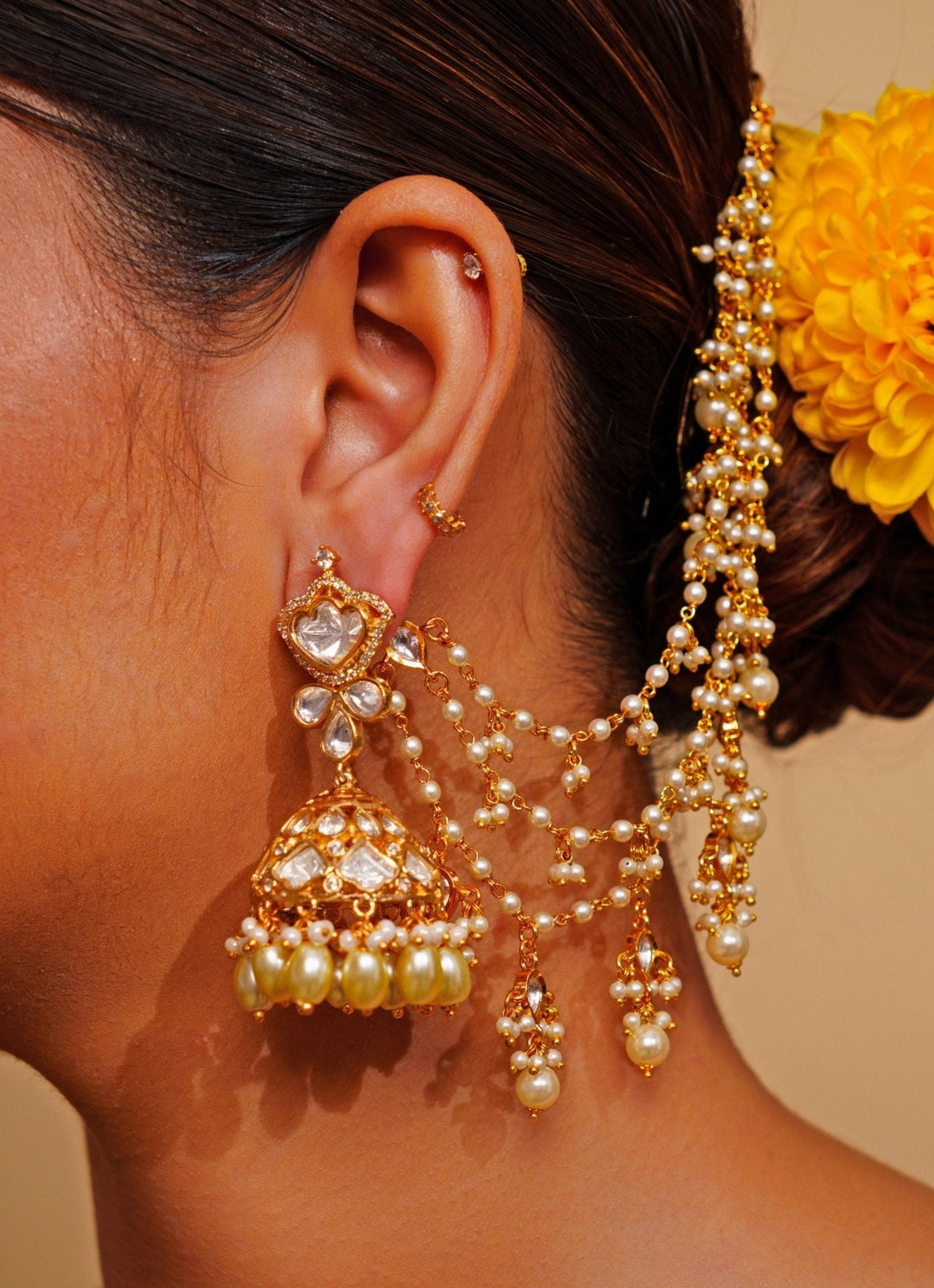Gold Finish Kundan Stone Layered Ear Chains With Pearl Drops Zevar by Geeta - Fabilicious Fashion