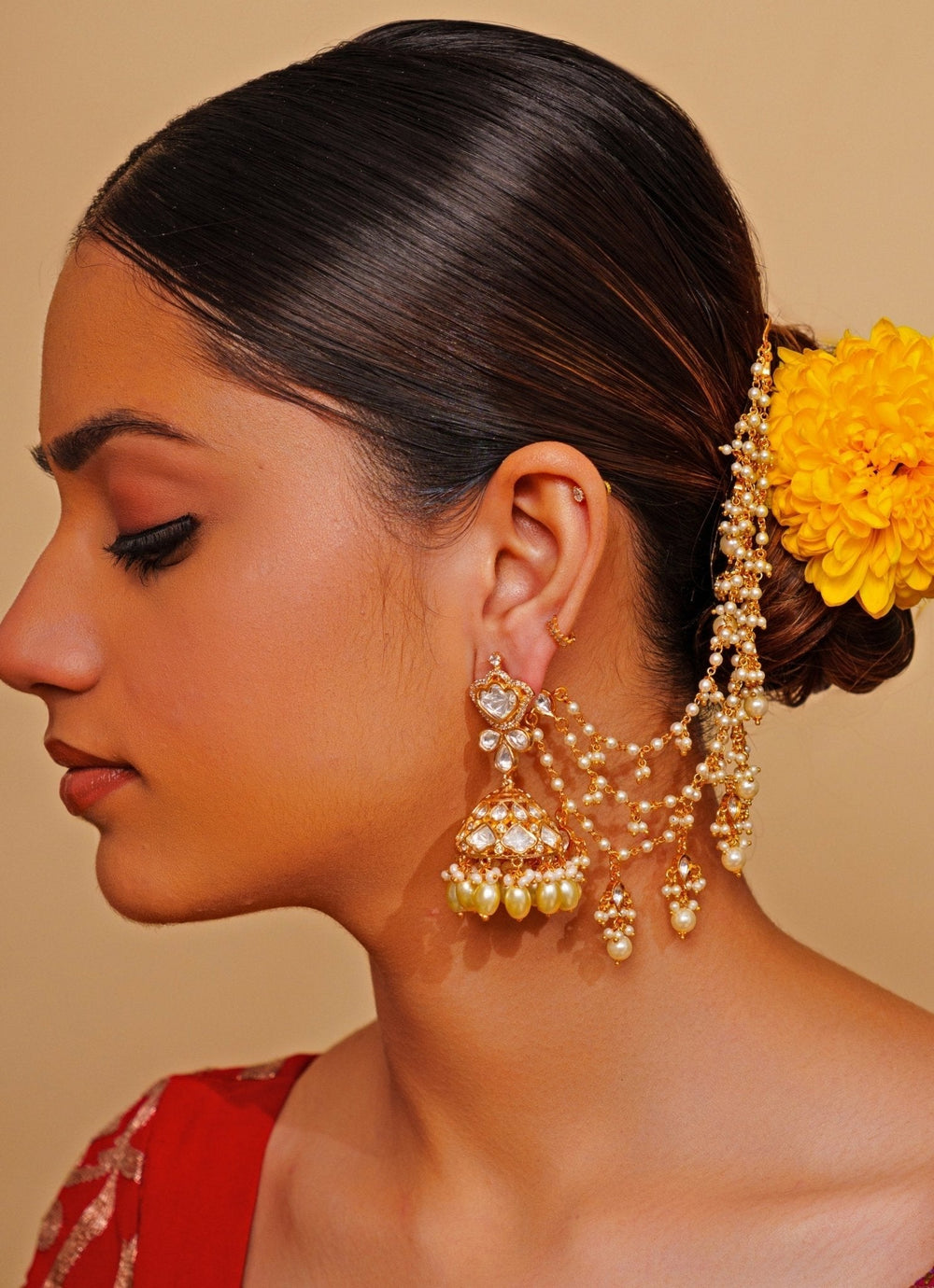 Gold Finish Kundan Stone Layered Ear Chains With Pearl Drops Zevar by Geeta - Fabilicious Fashion