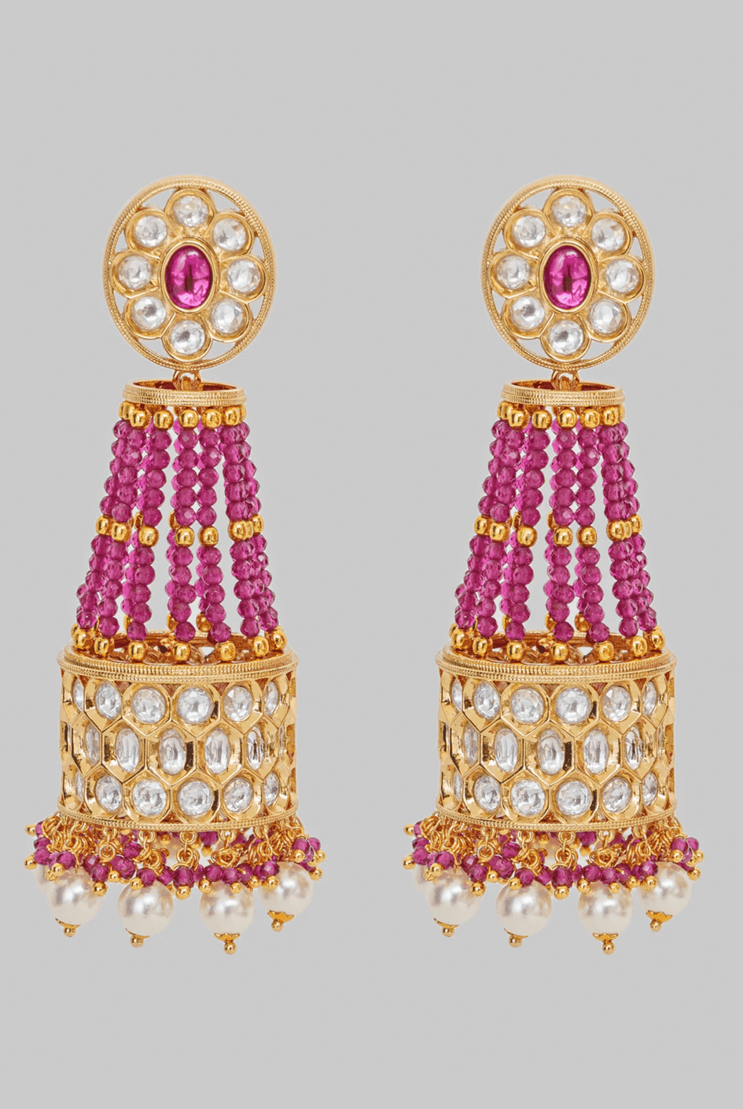 Gold Finish Long Kundan And Red Stone Jhumka Earrings Zevar By Geeta - Fabilicious Fashion