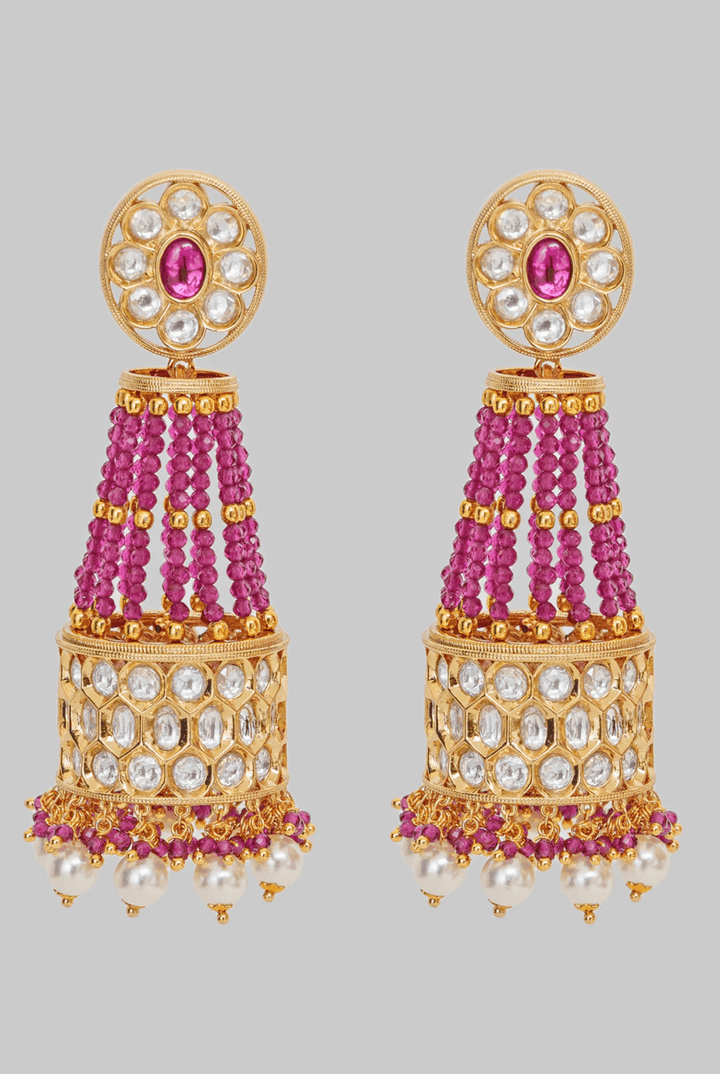 Gold Finish Long Kundan And Red Stone Jhumka Earrings Zevar By Geeta - Fabilicious Fashion