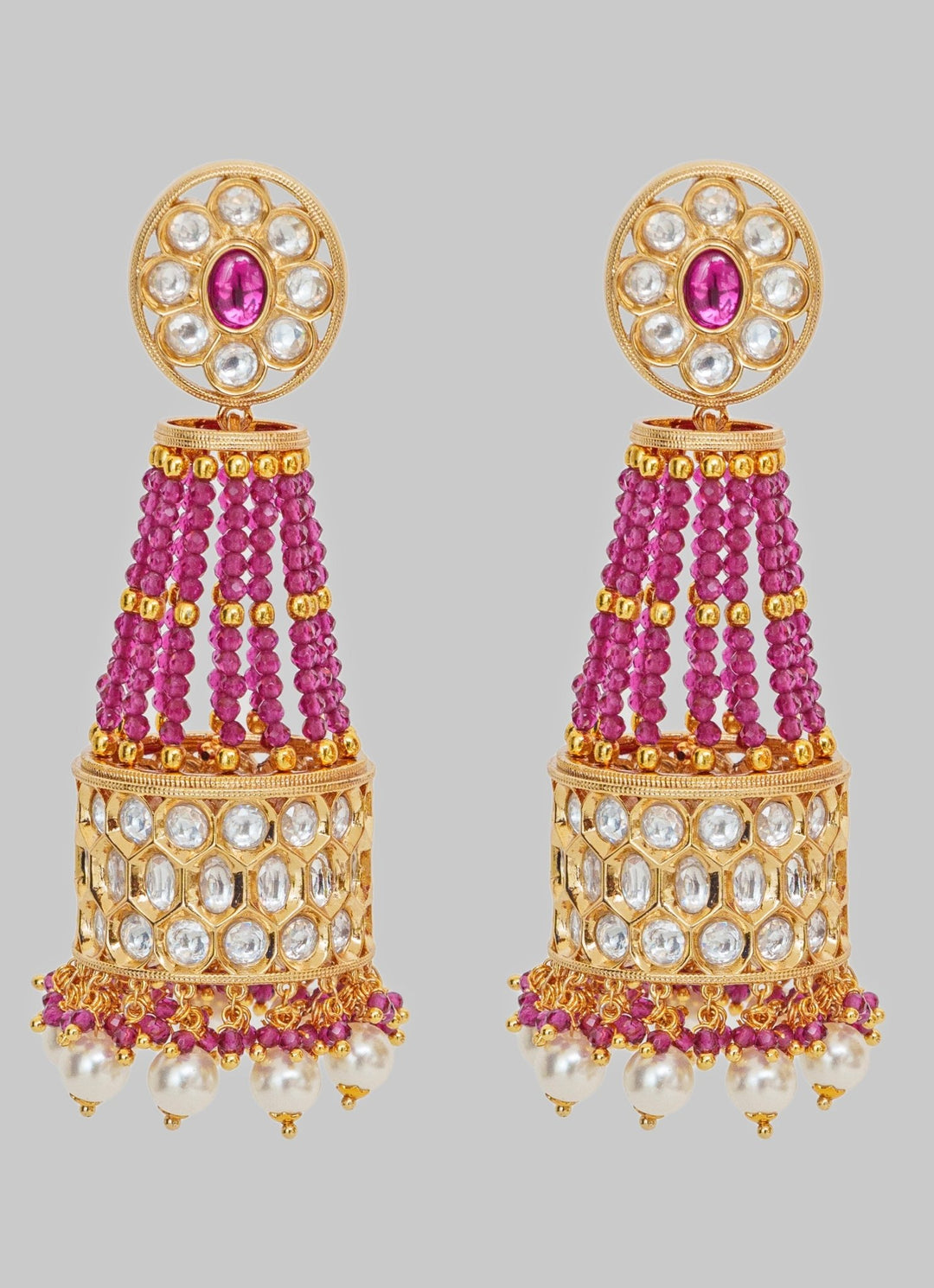 Gold Finish Long Kundan And Red Stone Jhumka Earrings Zevar By Geeta - Fabilicious Fashion