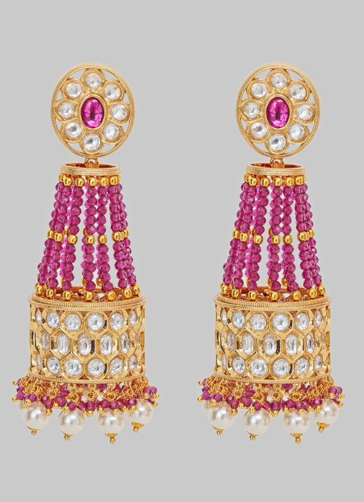 Gold Finish Long Kundan And Red Stone Jhumka Earrings Zevar By Geeta - Fabilicious Fashion