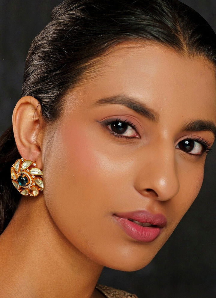 Gold Finish Moissanite And Blue Stone Stud Earrings Zevar By Geeta - Fabilicious Fashion