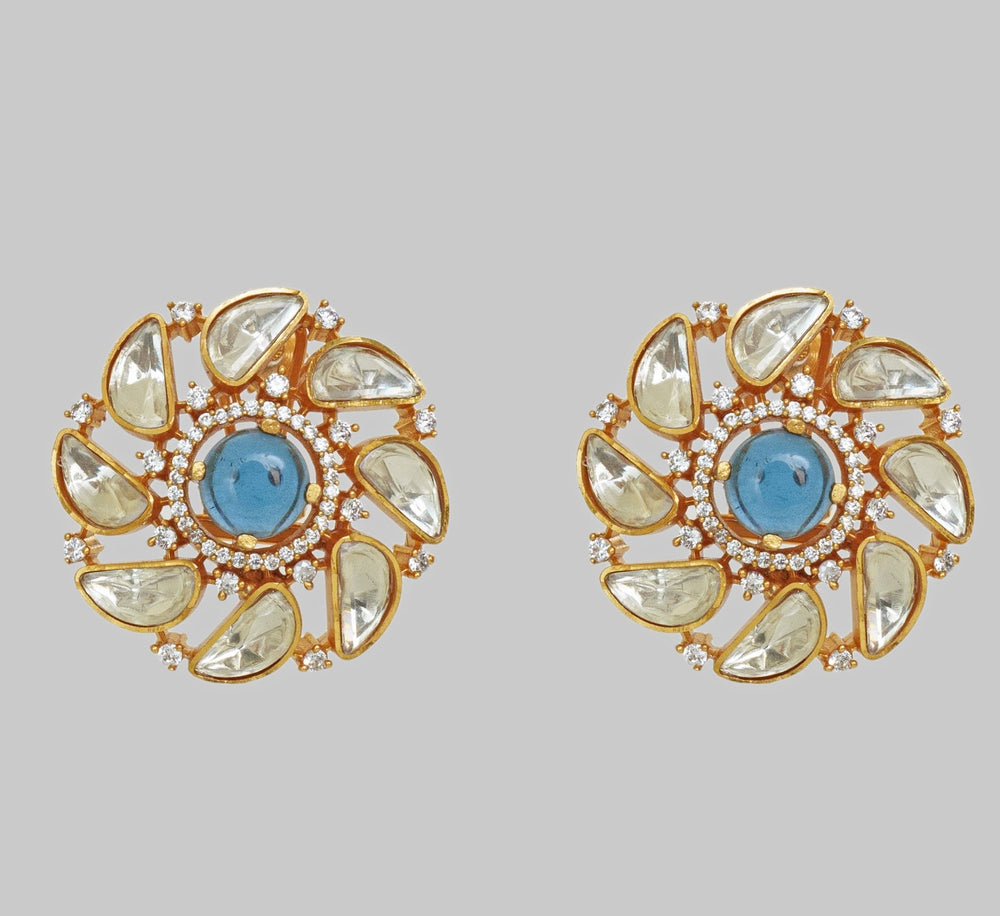 Gold Finish Moissanite And Blue Stone Stud Earrings Zevar By Geeta - Fabilicious Fashion