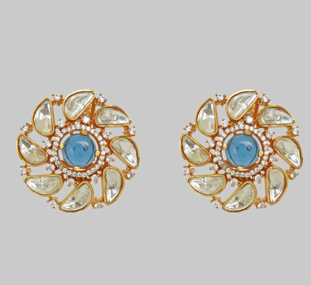 Gold Finish Moissanite And Blue Stone Stud Earrings Zevar By Geeta - Fabilicious Fashion
