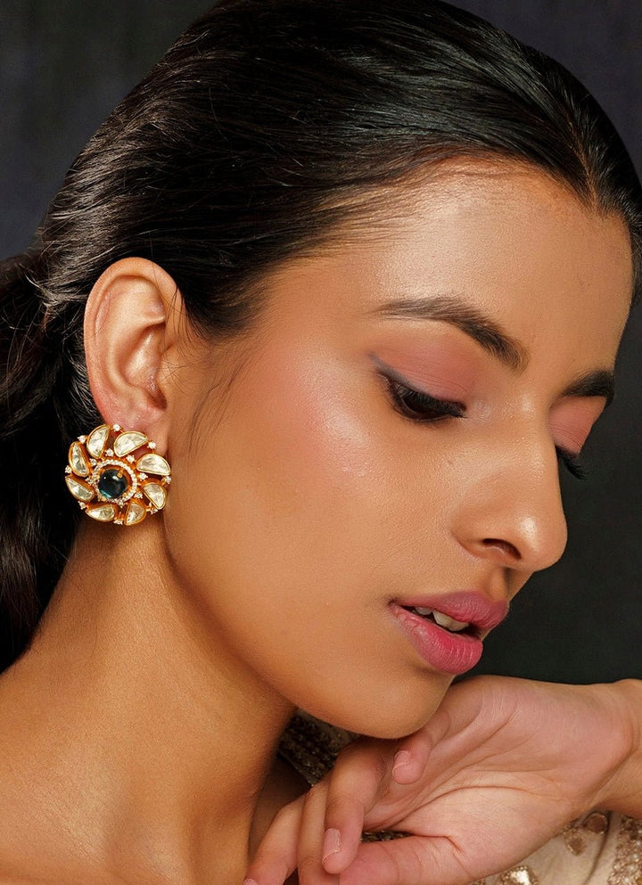 Gold Finish Moissanite And Blue Stone Stud Earrings Zevar By Geeta - Fabilicious Fashion