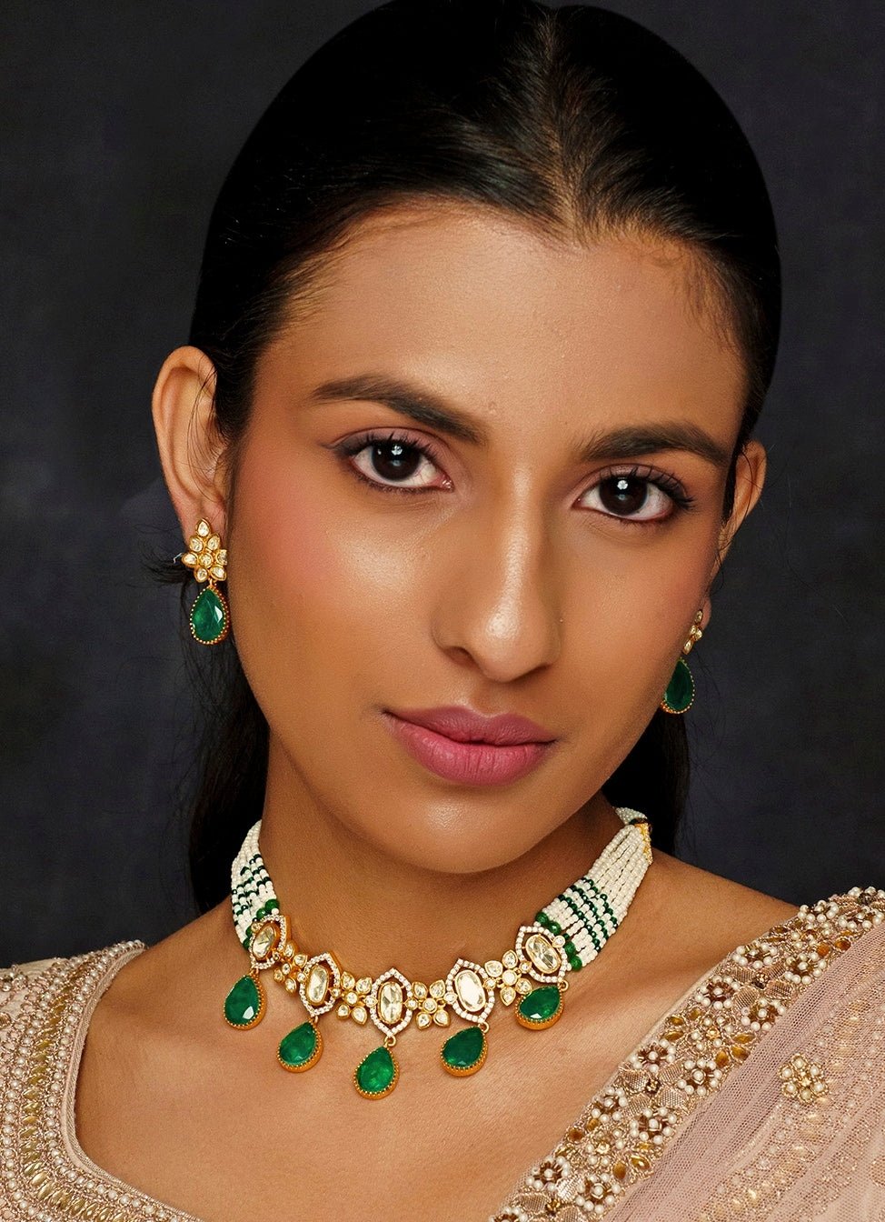 Gold Finish Moissanite And Green Stone Choker Set Zevar By Geeta - Fabilicious Fashion