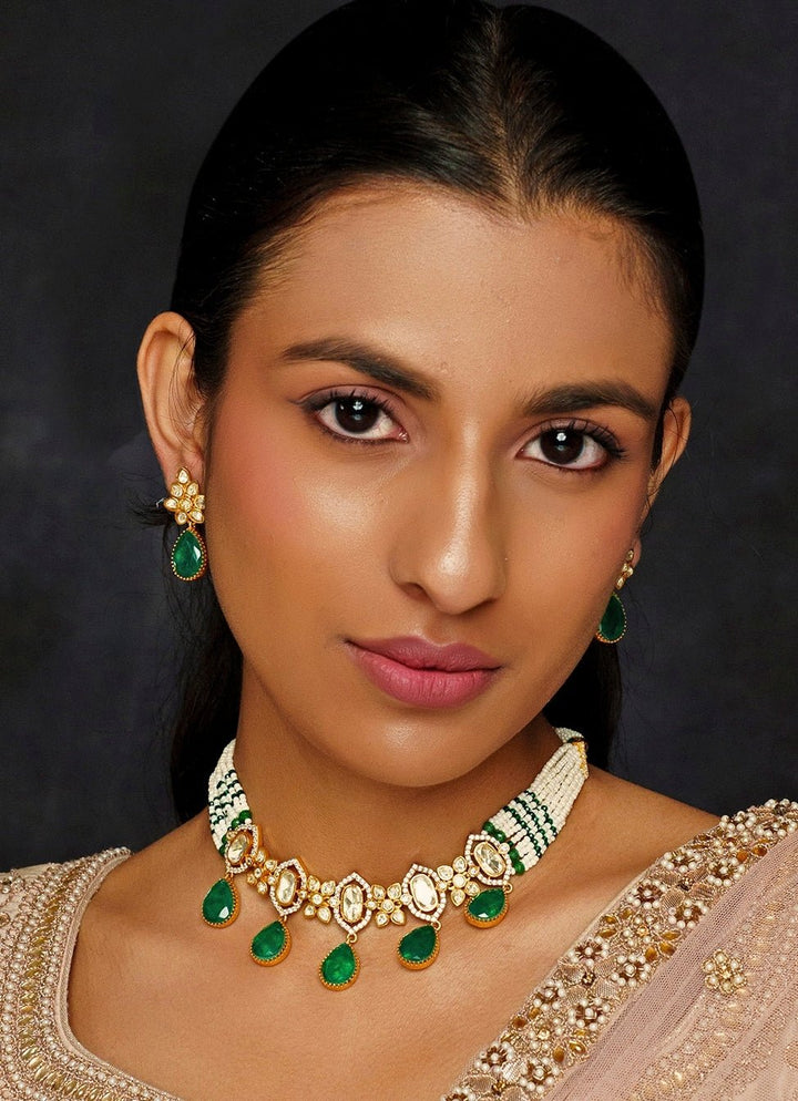 Gold Finish Moissanite And Green Stone Choker Set Zevar By Geeta - Fabilicious Fashion