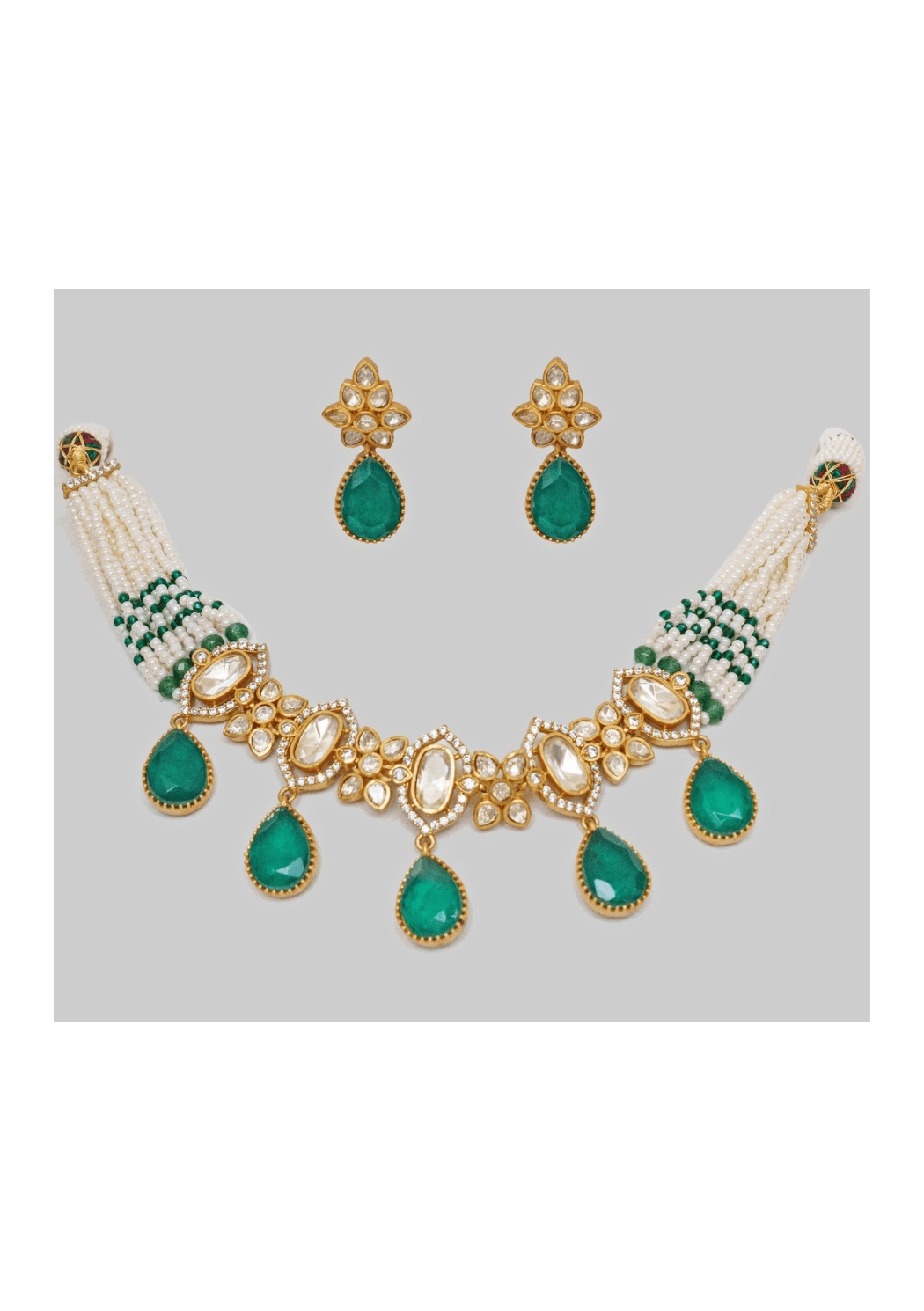 Gold Finish Moissanite And Green Stone Choker Set Zevar by Geeta - Fabilicious Fashion