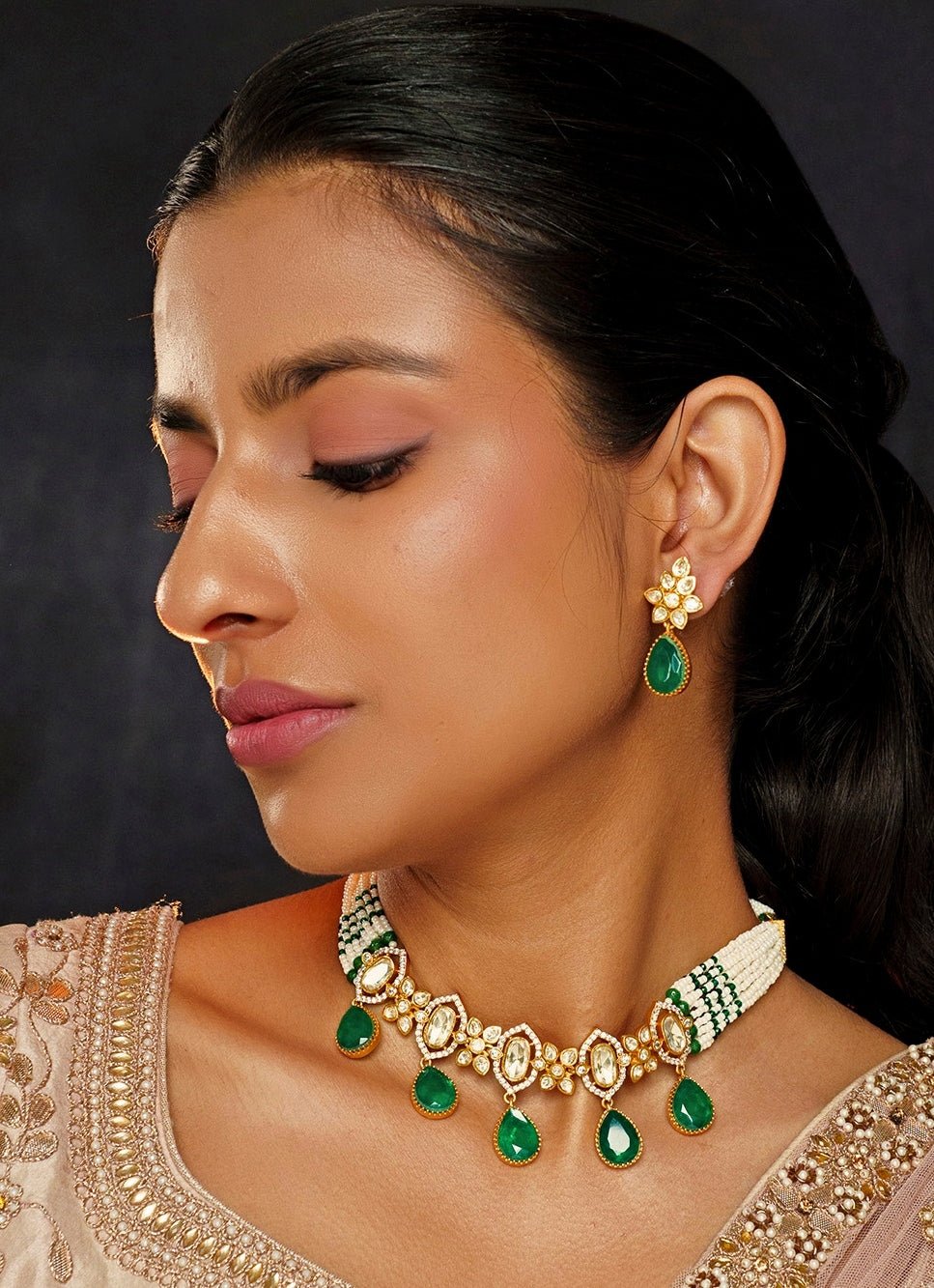 Gold Finish Moissanite And Green Stone Choker Set Zevar By Geeta - Fabilicious Fashion