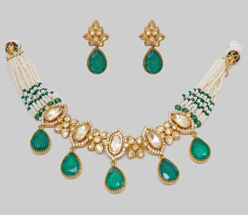 Gold Finish Moissanite And Green Stone Choker Set Zevar By Geeta - Fabilicious Fashion