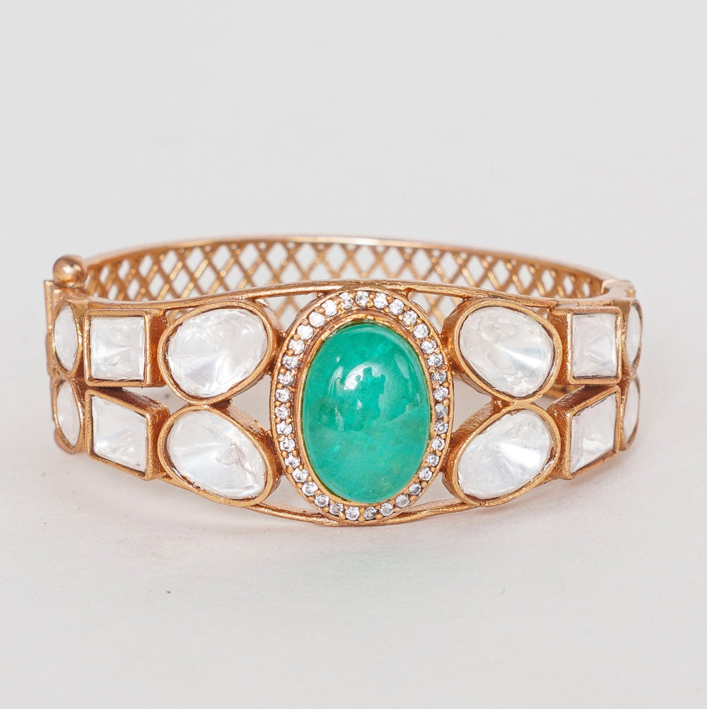 Gold Finish Moissanite And Green Stone Kada Zevar By Geeta - Fabilicious Fashion