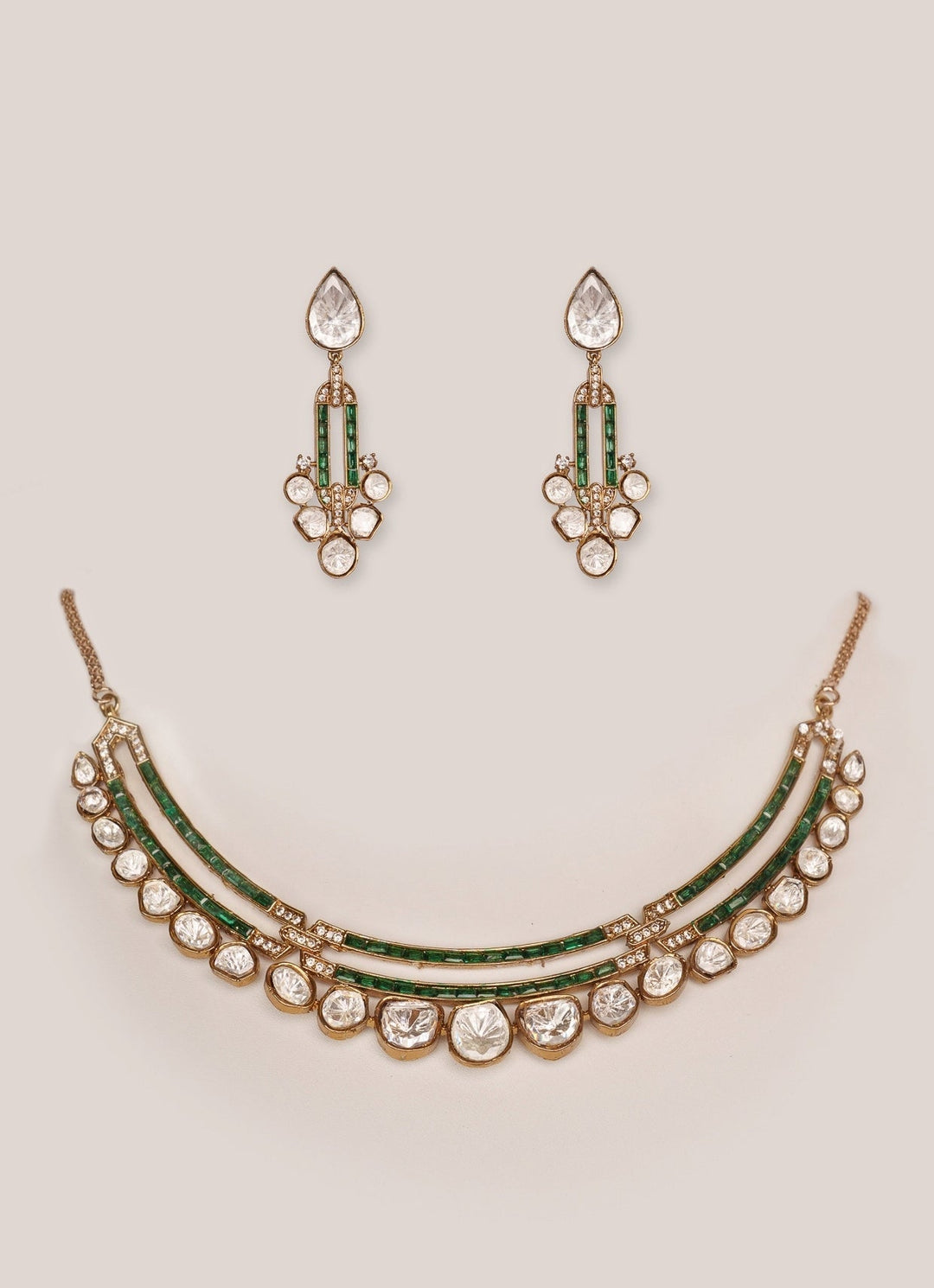 Gold Finish Moissanite And Green Stone Necklace Set Zevar by Geeta - Fabilicious Fashion
